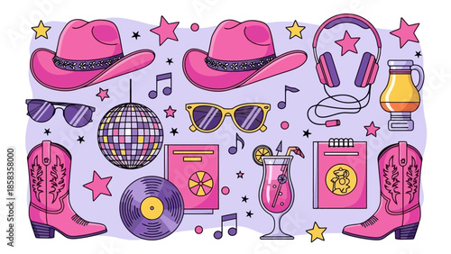 A vibrant collection of pink cowboy hats, boots, sunglasses, disco ball, and cocktails, perfect for a country music party or bachelorette celebration.