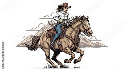 A cowgirl in a cowboy hat rides a horse through a mountainous landscape.