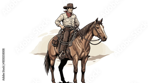 Cowboy riding a horse, wearing a hat and a red bandana.