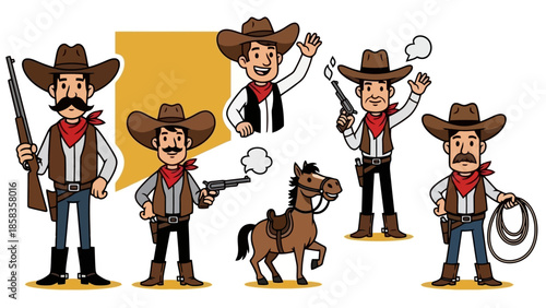 A collection of cartoon cowboys in various poses, some holding firearms and a lasso, with a horse nearby.