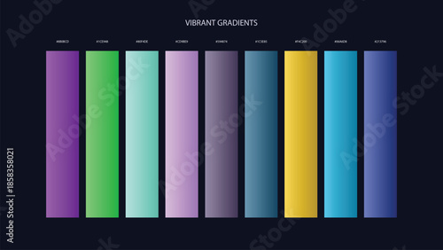 Vibrant Gradient Color Palette Swatches with HEX Codes for UI and Branding on Dark Background