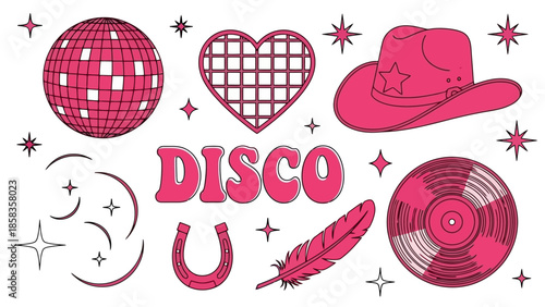A vibrant collection of retro disco-themed graphic elements including a disco ball, heart, cowboy hat, and vinyl record.