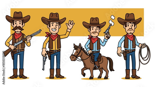 Four cartoon cowboys in western attire, one on horseback, holding firearms and a lasso, against a yellow background.