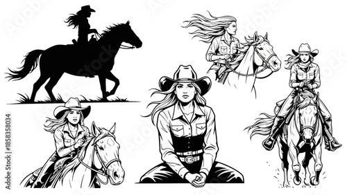Collection of black and white illustrations featuring cowgirls in various poses on and around horses.