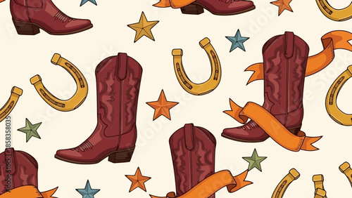 A seamless pattern featuring cowboy boots, horseshoes, and stars on a light background.