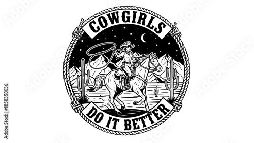 Black and white illustration of a cowgirl riding a horse, roping, with text.
