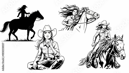 Four black and white drawings of cowgirls and horses in various poses.