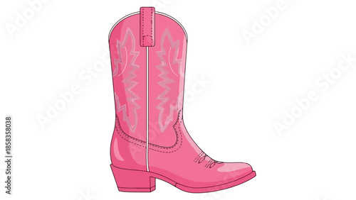 A vibrant pink cowboy boot with intricate white stitching and a classic Western design, standing against a clean white background.