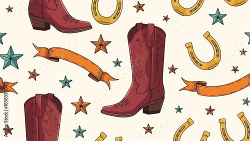 A seamless pattern featuring cowboy boots, horseshoes, stars, and banners on a cream background.