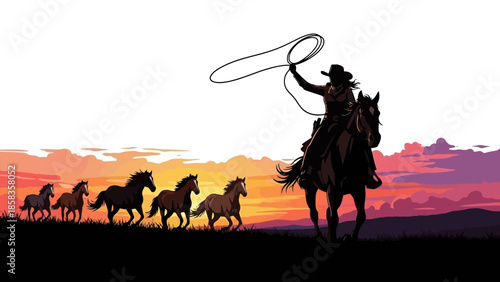 Cowgirl on horseback with lasso, chasing a herd of horses at sunset.