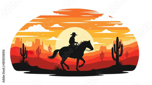 Silhouette of a cowboy riding a horse through a desert landscape at sunset with cacti and mountains.