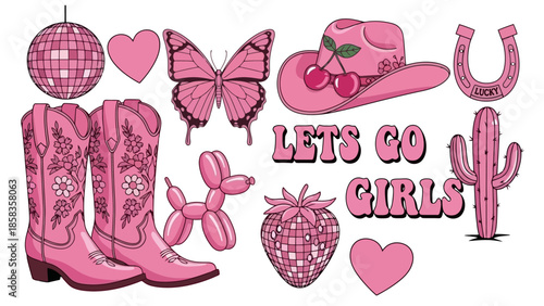 A vibrant collection of pink-themed Western and party elements, including cowboy boots, a disco ball, a cowboy hat, and the phrase "Lets Go Girls".