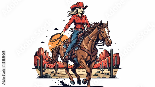 A cowgirl in a red shirt and cowboy hat rides a horse through a desert landscape with cacti and mesas.