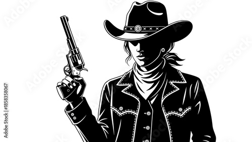 A striking black and white illustration of a cowgirl holding a vintage revolver, embodying the spirit of the Wild West.