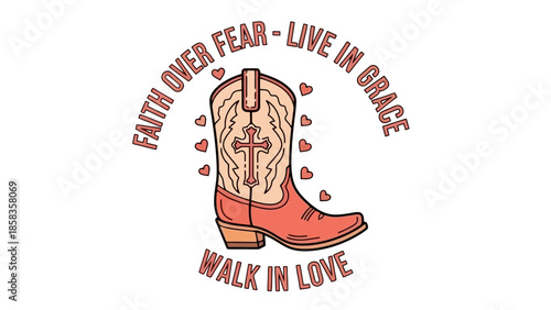A cowboy boot with a cross and hearts, featuring the inspirational text 