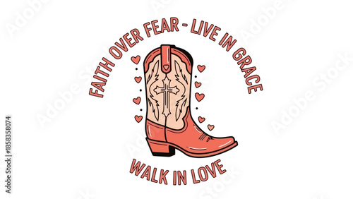 A coral cowboy boot with a cross design and hearts, with the text "FAITH OVER FEAR - LIVE IN GRACE WALK IN LOVE" around it.