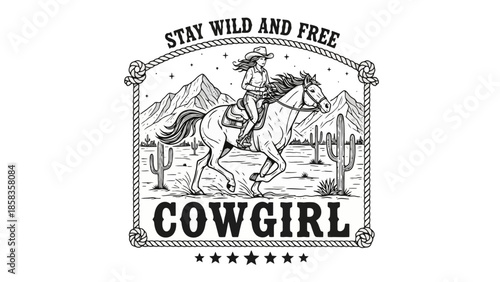 A black and white illustration of a cowgirl riding a horse through a desert landscape with cacti and mountains, with the word "COWGIRL" prominently displayed.