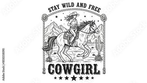 A black and white illustration of a cowgirl riding a horse through a desert landscape with mountains and cacti, featuring the text "STAY WILD AND FREE" and "COWGIRL".