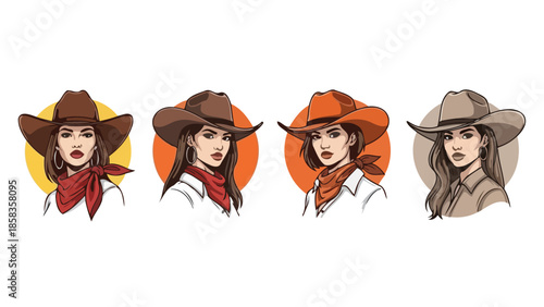 Four distinct illustrations of cowgirls wearing cowboy hats and bandanas, each with a unique color palette and style.