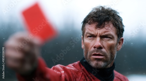 A stern-faced referee in a red jacket brandishes a red card against a rainy backdrop, portraying authority and the emotional stakes of a competitive sports moment.