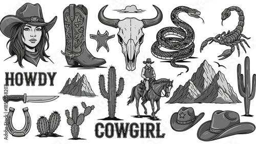 Collection of monochrome western-themed illustrations, including cowgirl, cowboy hat, boots, and desert elements.
