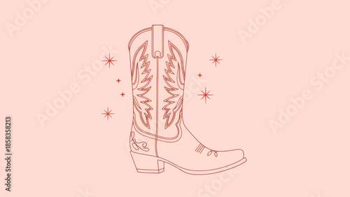 A minimalist line drawing of a single cowboy boot with decorative stitching and sparkles on a pale pink background.