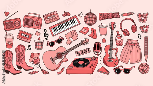 A vibrant collection of retro-inspired music and fashion items, including guitars, headphones, and cowboy boots, arranged in a playful collage.