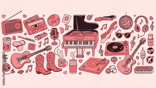 Musical instruments and accessories in a doodle style illustration.