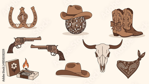A collection of Western-themed illustrations including cowboy hats, boots, revolvers, a horseshoe, a disco ball, a bull skull, a bandana, and a lit match.