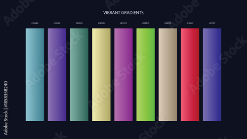 Vibrant Gradient Color Palette Swatches with HEX Codes for UI and Branding on Dark Background