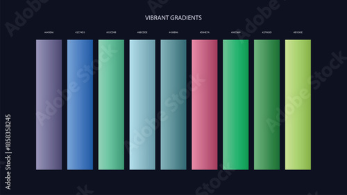 Vibrant Gradient Color Palette Swatches with HEX Codes for UI and Branding on Dark Background