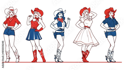Five cowgirl illustrations in different outfits, showcasing various styles and colors with a vintage aesthetic.