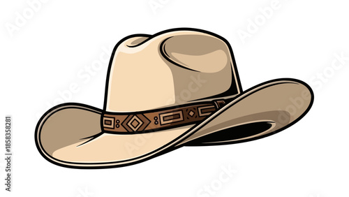 A tan cowboy hat with a decorative band around the crown is shown against a white background.