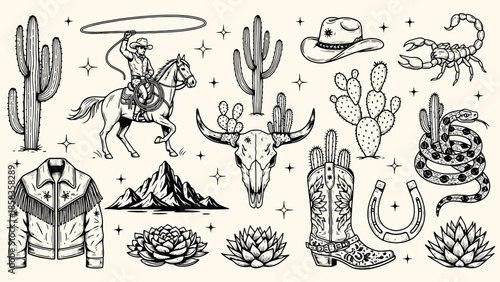 Black and white illustration of cowboy elements, including cacti, a cowboy, and other western symbols.