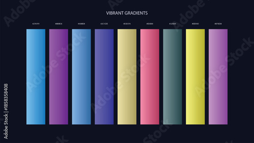 Vibrant Gradient Color Palette Swatches with HEX Codes for UI and Branding on Dark Background