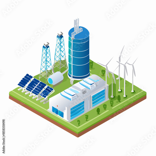 Modern renewable energy infrastructure with solar panels and wind turbines
