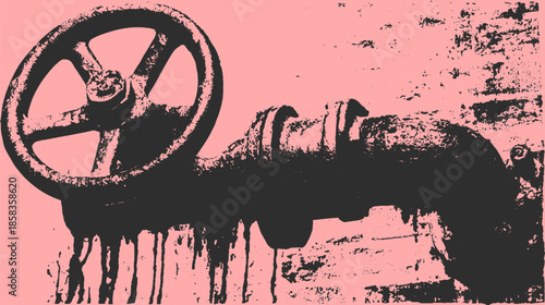 Rusty valve and pipe illustration. Simple vector design with grunge texture on a pink background, highlighting industrial equipment in a compact set.