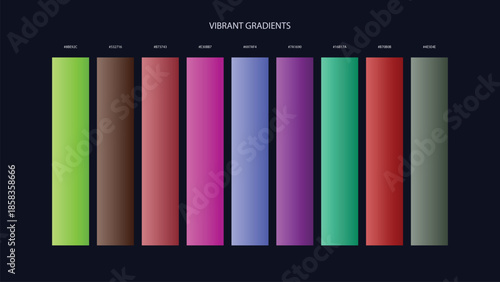 Vibrant Gradient Color Palette Swatches with HEX Codes for UI and Branding on Dark Background