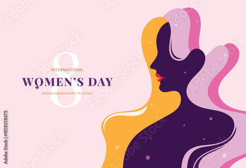 A stylized vector illustration of a woman's profile in silhouette with vibrant flowing hair and the text International Women's Day on a pink background.