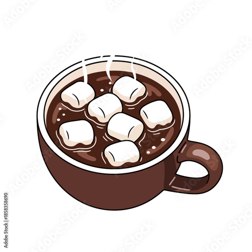 A warm brown mug filled with steaming hot chocolate topped with fluffy white marshmallows, an inviting winter beverage illustration.