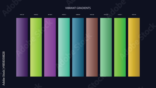 Vibrant Gradient Color Palette Swatches with HEX Codes for UI and Branding on Dark Background