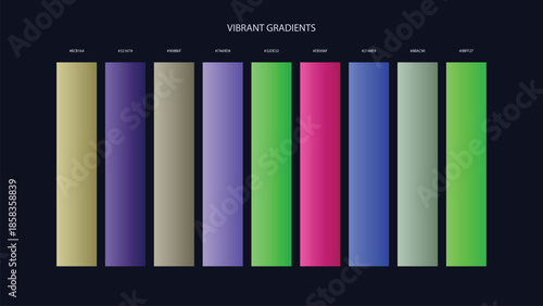 Vibrant Gradient Color Palette Swatches with HEX Codes for UI and Branding on Dark Background