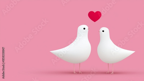 Two illustrated white birds with single heart symbol, minimalist Valentine illustration, clean simple design, modern romantic aesthetic, whimsical line art styling, elegant simplic