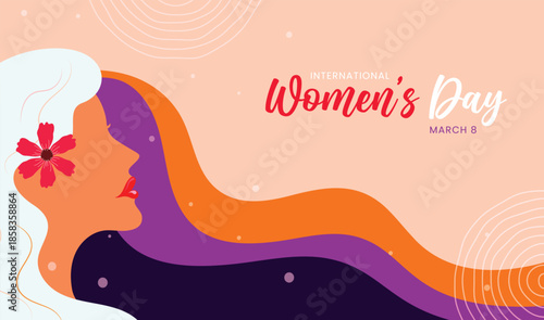 Vector profile of a woman with a flower in her hair and purple and orange flowing waves for International Women's Day on a peach background.