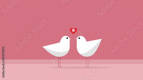Two illustrated white birds with single heart symbol, minimalist Valentine illustration, clean simple design, modern romantic aesthetic, whimsical line art styling, elegant simplic