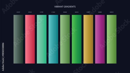 Vibrant Gradient Color Palette Swatches with HEX Codes for UI and Branding on Dark Background