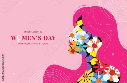 Artistic vector profile of a woman with a colorful floral bouquet pattern filling her silhouette for International Women's Day on a pink background.