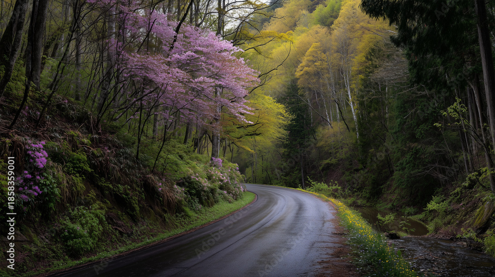 Fototapeta premium 山桜が点在する新緑の山道の俯瞰景