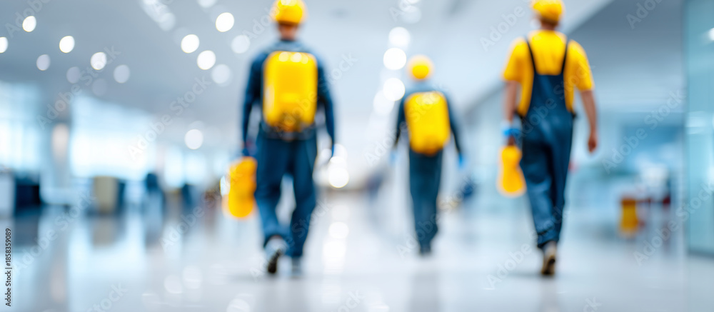 Obraz premium Faceless housekeepers of cleaning company using advanced technologies, heavily defocused background, anonymous workers ensuring hygienic disinfected environment, professional sanit