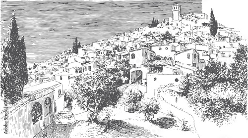 Townscape illustration featuring buildings and trees in a linear black and white style. This set provides a clear view of rural architecture as a vector illustration.